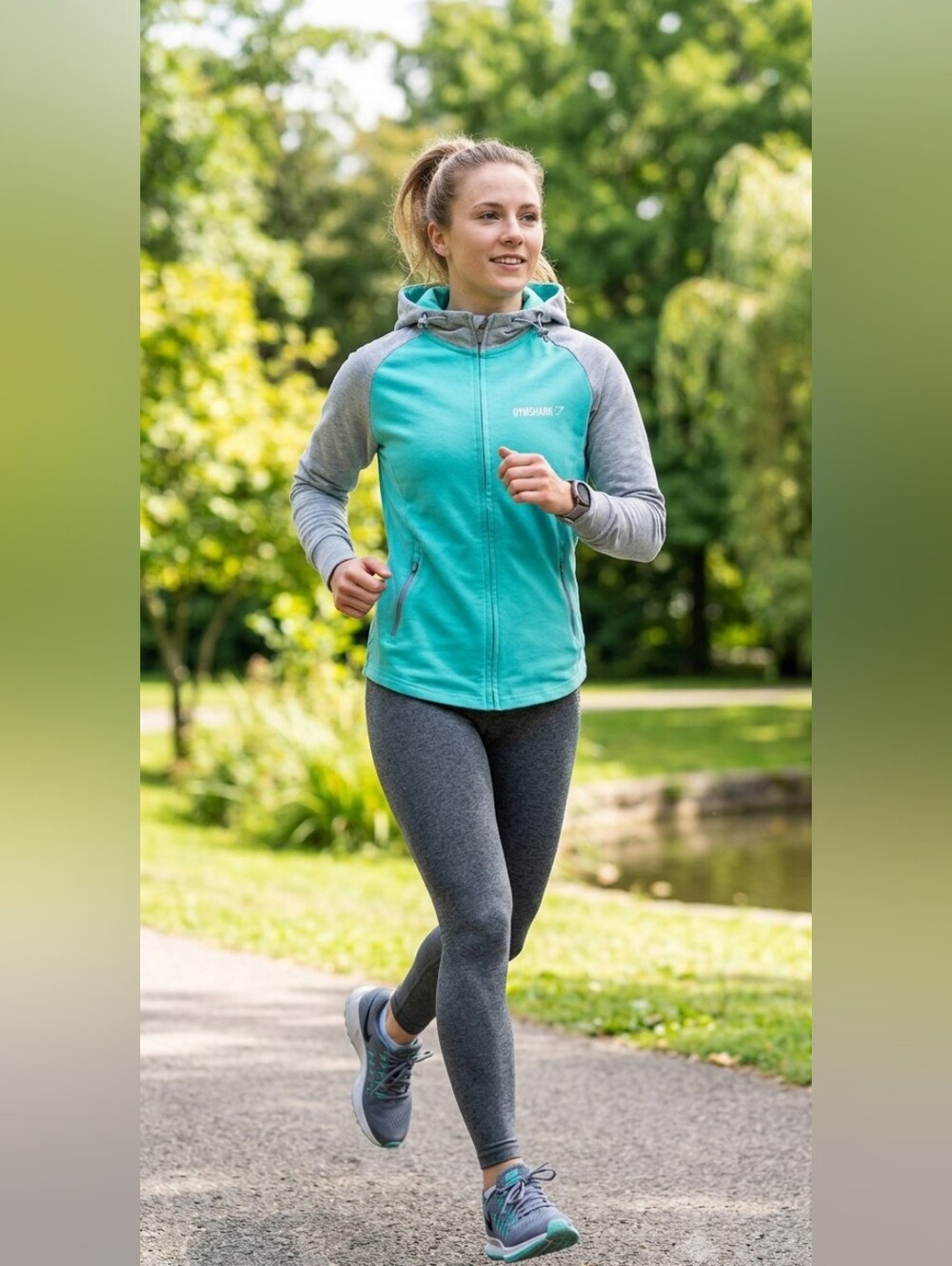 Gymshark Women's Teal and Gray Zip-Up Hoodie